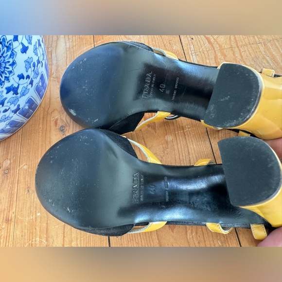 PRADA Black Suede Yellow Patent Block Heel Slingback Sandals 9.5-10/ EU 40 - Picture 5 of 8